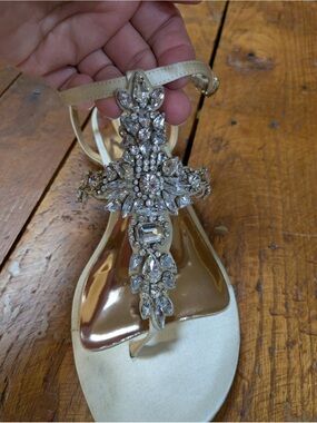 Women's Ivory Jeweled T-Strap Sandals